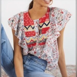 Let Me Be Anthropologie Patchwork Floral Paisley Cotton Babydoll Top Sz 10